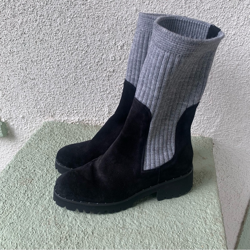 Freda Salvador Mid Calf Knit Black Suede Lug Sole Boots - Picture 2 of 14